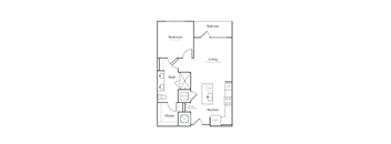 A floor plan of a home with a bedroom, living room, kitchen, bathroom, and closet.
